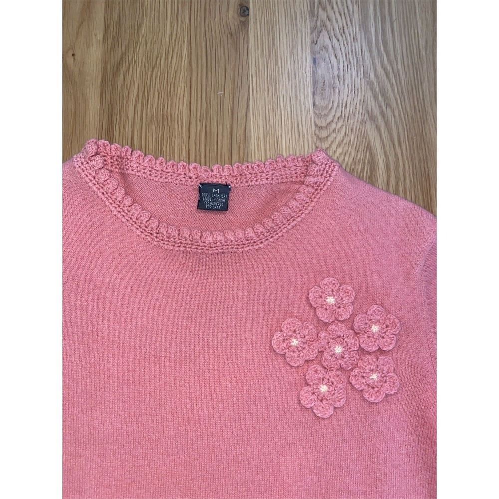 100% Cashmere Pink Crew Neck Sweater Size M‎ Pullover Crochet Floral Vintage - Picture 2 of 11